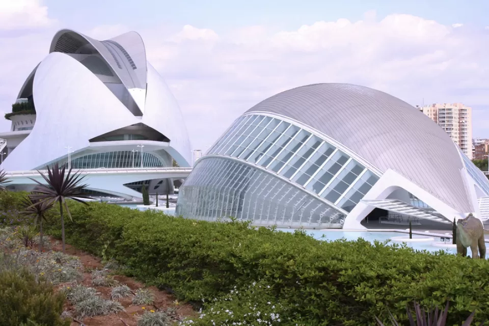 Two buildings at Santiago Calatrava's City of Arts and Sciences in Valencia, Spain